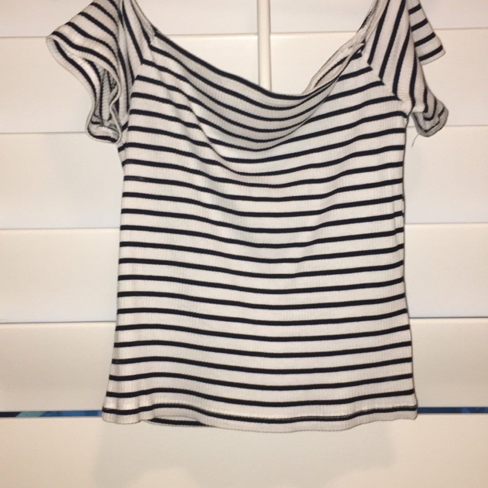 H&M black and white striped off the should top